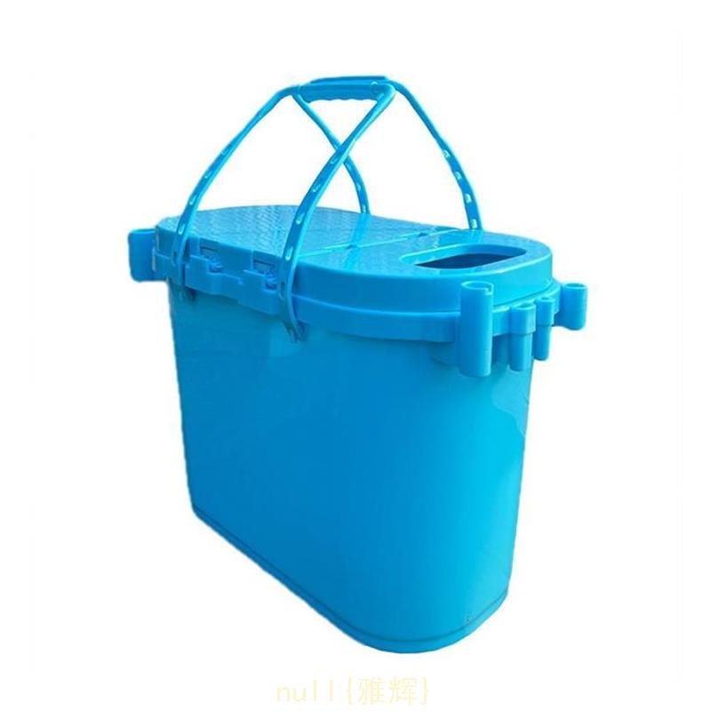 A multi-purpose fishing bucket with a human-fisher box and a thick stream of live fish buckets